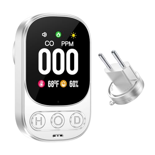 Detectores de monóxido de Carbono, Detector de CO enchufable 3 en 1 | Temperatura | Humedad, Alarma de Monitor de CO con Voz y Pantalla Digital LED, Mini Alarma de Viaje para hogar/Hotel/RV