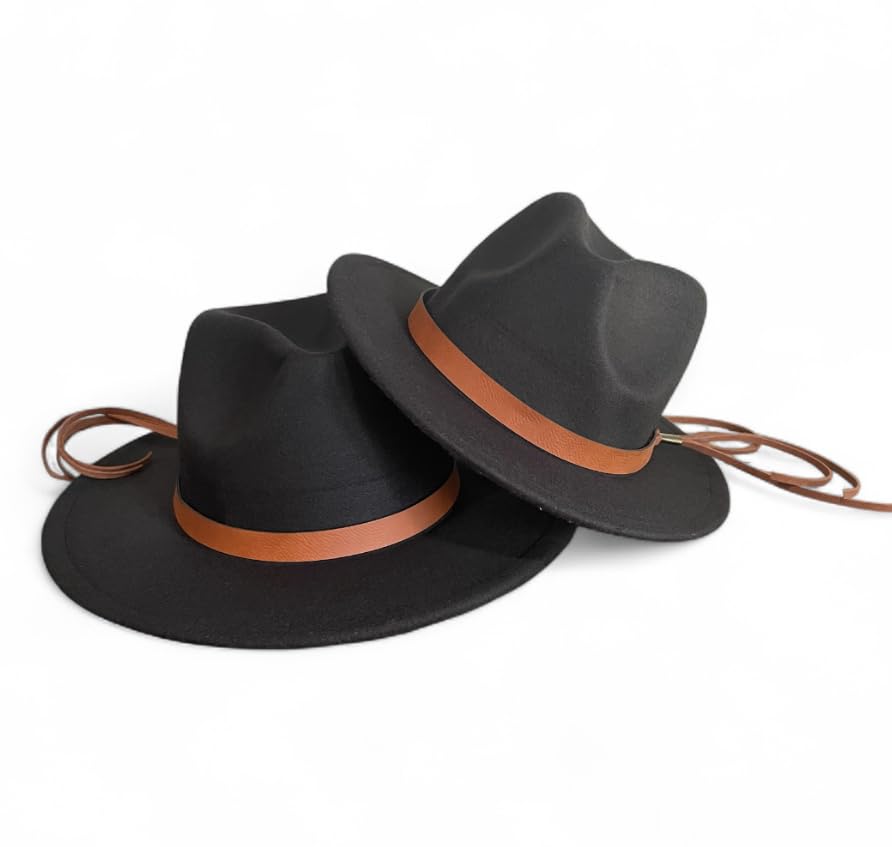 Matching Mommy and Me Hats, Wide Brim Felt Fedora Hats for mom and daughter, Cowgirl Hat for Women and Girls, Fall Winter Accessory, Stylish Flat Brim Boho fashion (Black)