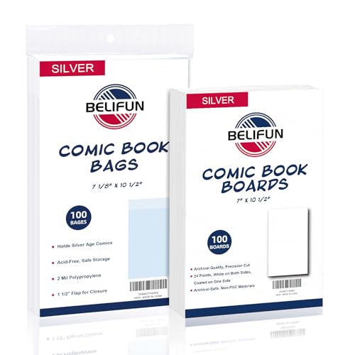 100ct Silver-Age Comic-Book-Bags and Boards - Reusable Comic Book Boards and Bags for Comic Book Storage, 1 1/2