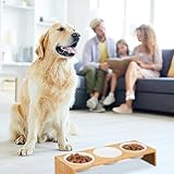 Relaxdays Futterstation Hund, Hundebar 3 Näpfe, je 400 ml, spülmaschinenfest, Bambus & Keramik, Napfständer, Natur/weiß