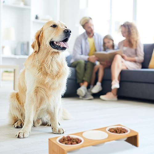 Relaxdays Futterstation Hund, Hundebar 3 Näpfe, je 400 ml, spülmaschinenfest, Bambus & Keramik, Napfständer, Natur/weiß