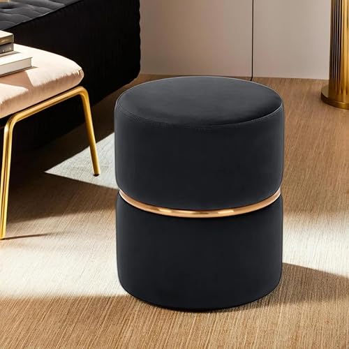 Image of Upholstered Velvet Round singal Strip Office Foot Rest Stool Round Padded Seat Pouf Ottoman for Living Room with Linen Fabric (Black)