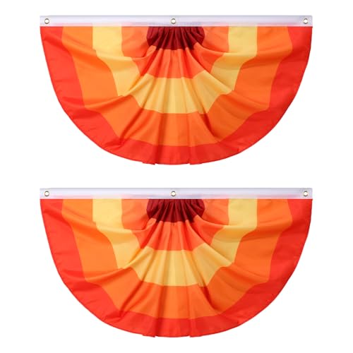 Remagr 2 Pcs Fall Bunting Thanksgiving Fan Flag 3 Grommets Autumn Pleated Fan Banner for Outside House Yard Backdrop Supplies Indoor Outdoor Hanging Decorations (1.5 x 3 Ft)