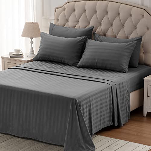 SLEEP ZONE Striped Cooling Sheets Set Full Size - Fitted Flat Sheet & Pillowcase Sets 4 Piece - Super Soft Stripe Bed Sheet, Easy Care, Deep Pocket (Gray, Full)