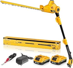 Alloyman Tagliasiepi a batteria telescopica da 20 V, con 2 batterie da 2,0 Ah e caricabatterie, tagliasiepi da 2,4 m, per cespuglio e taglio di siepi Giallo-01