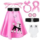 Breathffy 1950s Poodle Skirt Costume Outfit for Women Skirt Scarf Belt Sock Eyeglass Headband Earring(Pink, Large)