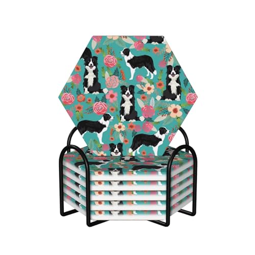Dessous de verre Border Collie en céramique et liège avec support - Lot de 6