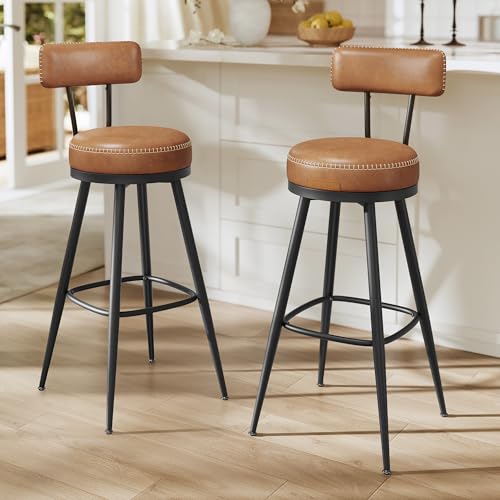 VASAGLE EKHO Collection - Bar Stools Set of 2, Swivel Bar Height Bar Stools with Back, Synthetic Leather with Stitching, Mid-Century Modern, 30-Inch T