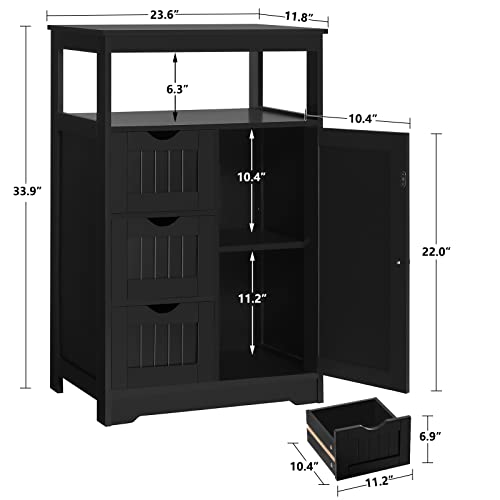 Iwell Bathroom Cabinet, Bathroom Storage Cabinet With 3 Large Drawers & 1 Adjustable Shelf, Bathroom Floor Cabinet With Door, Freestanding Storage Cabinet For Living Room, Bedroom, Home Office, Black #TOP1