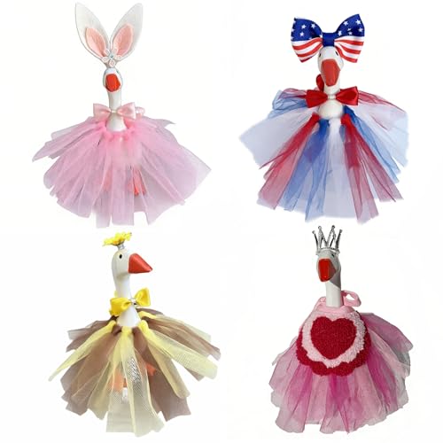 7 Inch Desk Goose Outfits, 4 Pack Desk Geese Costumes Tutu Dress for Valentine's Day Easter 4th of July, Spring Festive Desktop Magnetic Goose Statue Clothes, Holiday Party Photo Prop Home Table Decor