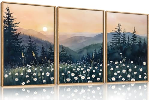 Image of KAIRNE Mountain Floral Landscape Framed Canvas Wall Art Set,Watercolor Forest Wall Decor,Misty Pine Tree Art Prints,Nature Sunset Scenery Artwork for Living Room,Bedroom,Farmhouse,Office-16 x24 x3