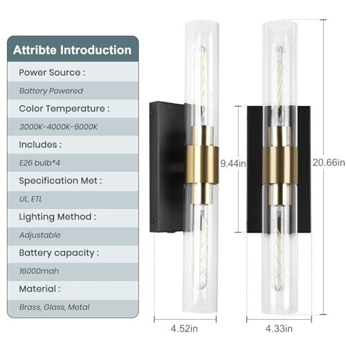 Image of Wall Sconce Set of Two, Battery Operated Wall Sconce, Rechargeable Wall Lamp with Remote, Indoor Non-Hardwired Wall Sconces, Modern Vanity Light for Bedroom, Hallway, Aisle