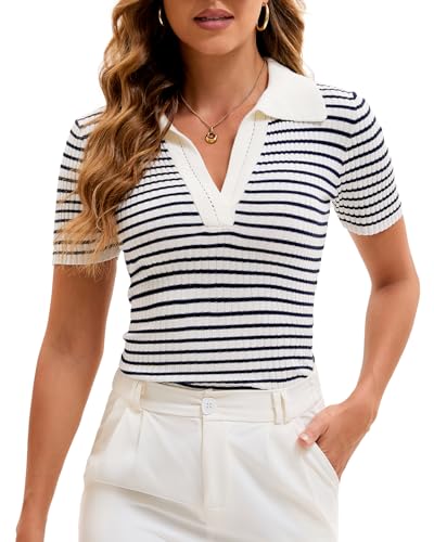 Cioatin Women Short Sleeve Striped Knit Polo Crop Shirt Tops Vintage Collar V Neck Slim Fit T-Shirt Aesthetic Going Out