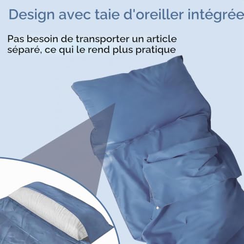 Xynovate Draps de Sac de Couchage Cotton, Sac de Couchage 2 en 1 avec Fermeture éclair, Sac a Viande Ultra légèr avec Compartiment Oreiller Ajouté, Les Auberges et Les Cabanes de Montagne,Bleu – vue 5
