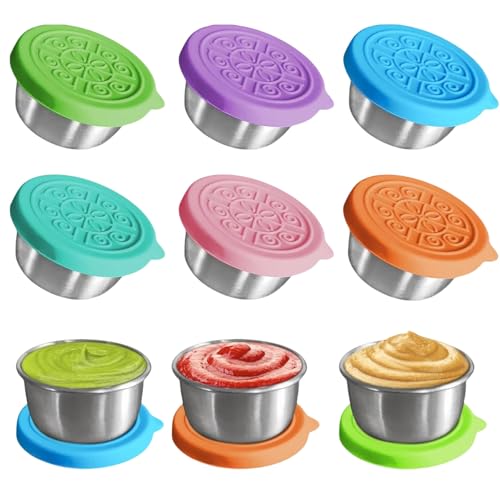 KLLJ Recipiente de Salsa Acero Inoxidable,6pcs Recipientes para Salsa,Recipientes para Salsa con Tapa de Silicona,Recipientes Para Aderezo de Ensalada,Recipiente para Salsa para Aperitivos Infantiles