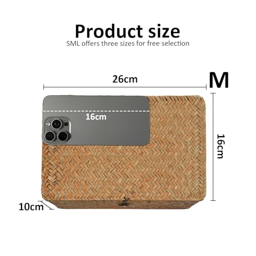 Wicker Storage Basket Woven Rattan Storage Box With Lids Seagrass Laundry Baskets Makeup Organizer For Bathroom, Living Room, Kitchen (M) - Image 2