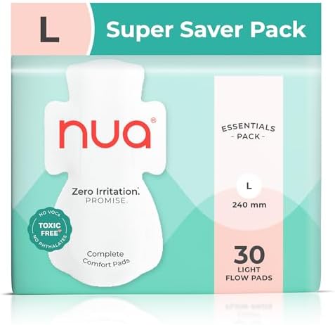Nua Complete Comfort Sanitary Pads for Women L | Pack of 30 | Light Flow Pads | Super Saver | Zero Irritation Promise | Comfortable All-Day Protection | Ultra-Thin | Super Absorbent | No rashes | 50% Wider Back | 100% Toxic-Free, Dermatologically Tested | Essentials Pack