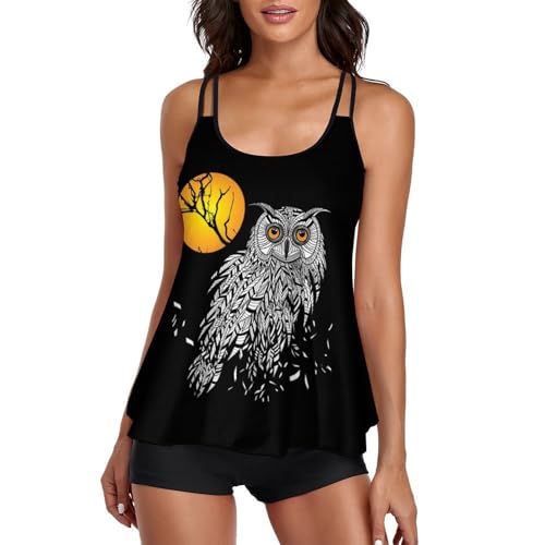 Tankini de búho negro para mujer de tirantes delgados y diseño ergonómico