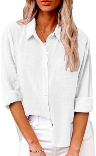 Friptspyg Bluse Damen Lässiges Langarm Hemdbluse Elegant Blusen & Tuniken für Damen V-Ausschnitt 100% Baumwolle Solide Sommer Oberteile mit Tasche