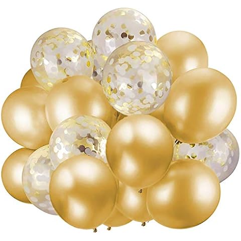60 Pack Gold Balloons + Gold Confetti Balloons w/Ribbon | Balloons Gold | Gold Balloon | Gold Latex Balloons | Golden Balloons | Party Balloons 12 inch | Clear Balloons with Gold Confetti | Cover