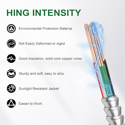 Image of MOOKEERF 14 /3 MC Cable with Ground - 250FT Pure Copper 14AWG /3 Metal Clad Wire with Aluminum Armor 14 Gauge 3 Conductor Type MC Alum Cable