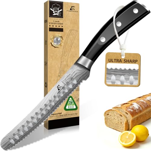 CoquusAid 5 Zoll geschmiedetes Allzweckmesser aus deutschem Stahl – wellenförmige extra scharfe Klinge, rundspitzig, ergonomischer Griff… – Ansicht 1