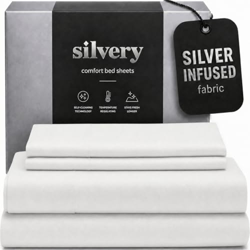 Silvery Silver Infused Bed Sheets Set - Ultra-Soft Temperature-Regulating Fabric with Self-Cleaning Technology that Stays Fresh 3X Longer for Hygienic Sleep