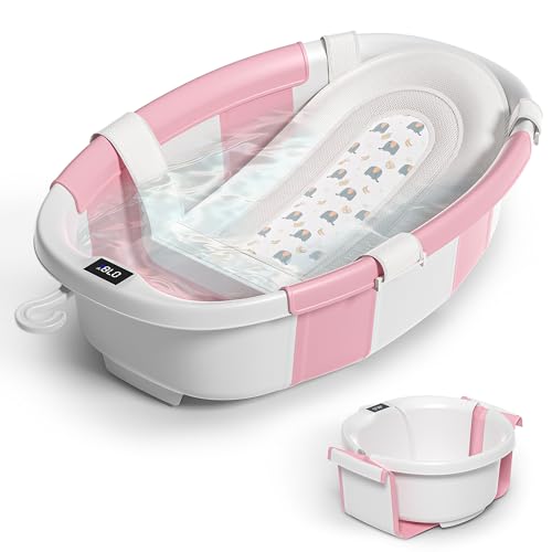Collapsible Baby Bathtub for Newborn to Toddler 0-36 Months,Spacious Foldable Infant Bath Tub with Thermometer,Cushion & Drain Hole,Portable Travel...
