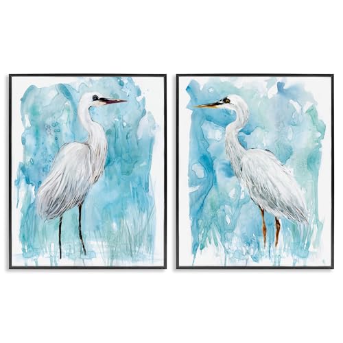 'Nautical Crane Pair White Beach Birds'| 2pc Framed Giclee Art Set 2