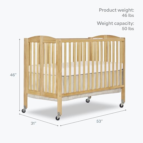Image of Dream On Me Folding Full Size Convenience Crib In Natural, Two Adjustable Mattress Height Positions, Comes With Heavy Duty Locking Wheels, Flat Folding