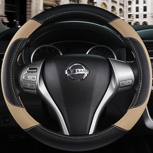 Image of Leather Car Steering Wheel Cover, Non-Slip Car Wheel Cover Protector Breathable Microfiber Leather 15.5 inch-16 inch Large Size for Most Cars,Beige-2