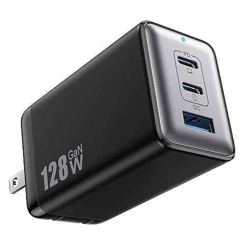 128W USB C Wall Charger,GaN III 3-Port Fast Charging Station,PD QC Foldable Charger Block Portable 65W Laptop Adapter for MacBook Pro/Air,iPad Pro,Galaxy S23,Dell XPS 13,iPhone 16/15/Pro etc Black Cover
