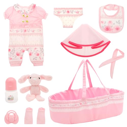 10 Pcs Dolls Clothes with Bassinet, Portable Baby Doll Accessories Set for 18 inch Dolls, Babies Set Outfit fit Children Girl Boy