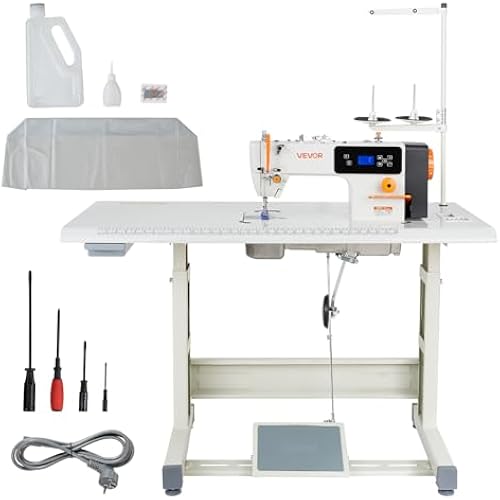 VEVOR Industrial Lockstitch Sewing Machine, 550W Servo Motor Commercial Sewing Machine Set with Table Stand, 5000 SPM High Speed, Auto Thread Trimmer, Metal Frame for Denim Cotton Sewing