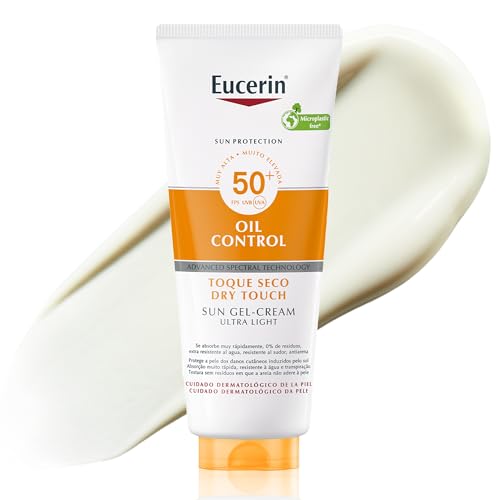 Eucerin Sun Body Oil Control Gel-Crema FPS 50+ (200 ml), protección solar 50+ en gel con filtros UVA/UVB, crema para el sol antibrillos, protector solar para piel grasa, mixta y con tendencia acneica