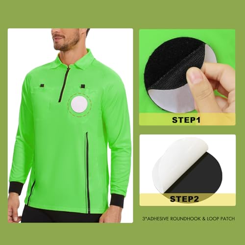 Soccer Referee Shirt Jersey kit Long Sleeve Pro Ref Costume Umpire Uniform with 3 Pcs Replace 3\" Round Adhesive Hook & Loop Badge Holder, Referee Wallet with Red Card and Yellow Card Green L