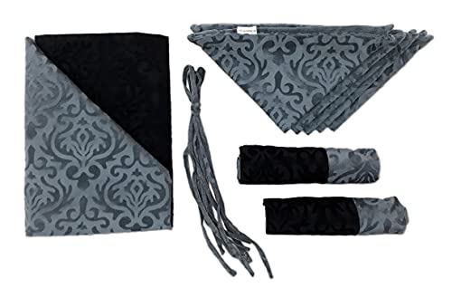 Image of Homesajja Premium Diwan Set of 8 (1 Sheet, 2 Bolster with Dori & 5 Cushion Covers) Black & Grey, Self
