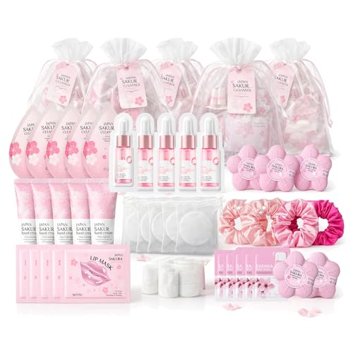 45PCS Sakura Sleepover Party Supplies -Face Mask Skincare - Girls Spa Party Favors Kit for 5 Guests Pamper Gift Set for Teen Birthday Spa Night Slumber Night & Hen Party