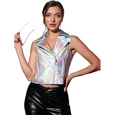 Allegra K Damen Weste Ärmellos Reverskragen Reißverschluss Metallic Lederimitat Party Jacke Silber M Cover