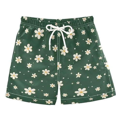 ALAZA Cute White Flower Green Boys Quick Dry Beach Board Shorts Kids Swim Trunks Bathing Suit Swimsuit 2T