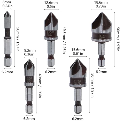 GYSRXS 5 Stück Senker Bohrer Set für Metall 82° 5-Schneidiges Senker Bit Kegelsenker mit 1/4 Zoll Sechskantschaft Verwendet für Metalle Mittlerer Härte, Holz, PVC