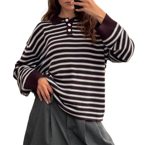 Thopavenoir Women Y2k Striped Rugby Polo Shirt Knit Vinatge Tops Long Sleeve Button Collared Neck Preppy Pullover Sweatshirt