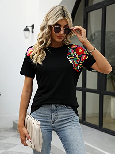 Mexican Shirts for Women Embroidered Tops Traditional Summer Blouse Women's Floral Tunic Round Neck Short Sleeve3