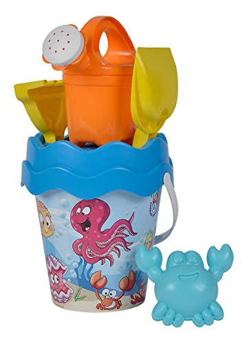 Simba 107114563 - Eimergarnitur Ozean, 6 Teile, Höhe 16cm, Durchmesser 17cm, Sandspielzeug, Sandform, Rechen, Schaufel, Gießer, Eimer, Sieb