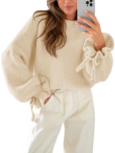 Saodimallsu Womens Ruffle Sleeve Sweater Oversized Chunky Fall Pullover Top