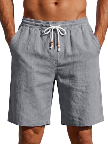 Runcati Kurze Hosen Herren Leicht Leinen Shorts Männer Einfarbig Baumwolle Sommershorts Chino Sport Strand Freizeithose mit Elastische Taille und Taschen Grau XL