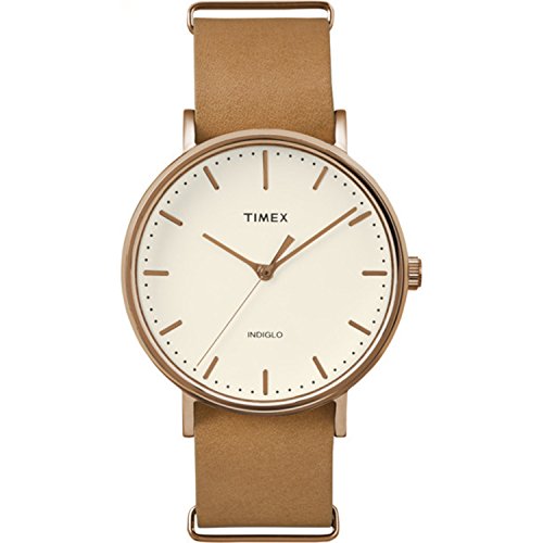 Timex 'Weekender Fairfield' Quartz Brass and Leather Casual Watch, Color:Brown (Model: TW2P912009J)