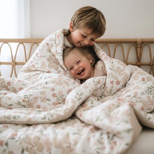 Image of MakeMake Organics Organic Twin Comforter GOTS Certified Organic Kids Blanket Cotton Infill Tufted - Reversible Ultra Soft Breathable Boys Girls (68 inchx88 inch, Blossom + Solid Taupe)