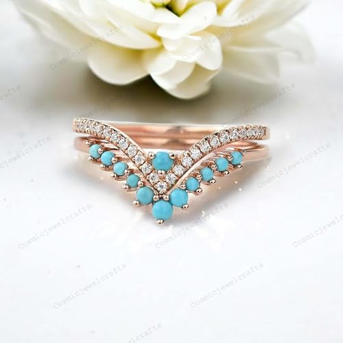Vintage Turquoise Crown Wedding Band 14K Rose Gold Proposal Ring December Birthstone Women's Day Gift Elegant Bridal Matching Stackable Band BY COSMICJEWELCRAFTS2