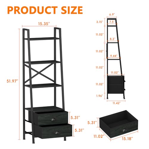 Image of Furologee 4-Tier Ladder Shelf,Small Bookshelf with 2 Drawers,Vertical Bookcase Storage Rack Organizer,Display Bookshelves for Living Room,Bedroom,Bathroom,Home Office,Kitchen,Black Oak